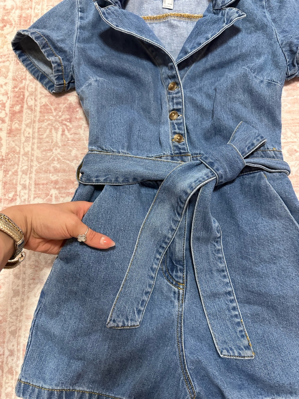 Belted 🩵 Denim Shorts Romper - Picture 4 of 14